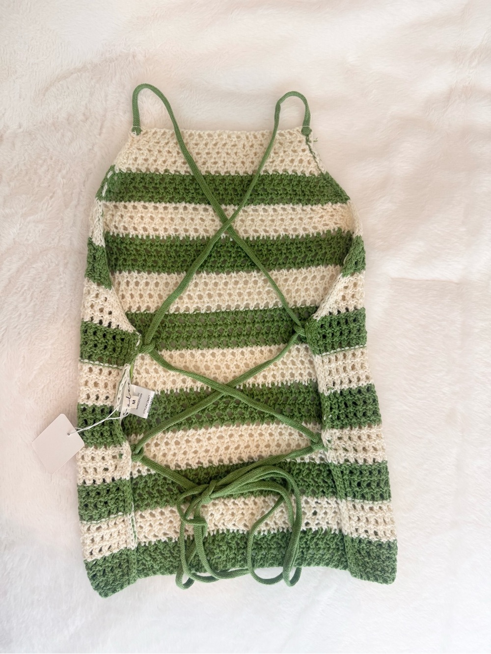 Green & Cream Crochet Lace-Up Tank